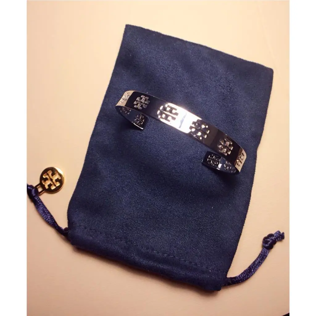 Pierced T Thin Silver Tone Cuff w Velvet Pouch by Tory Burch