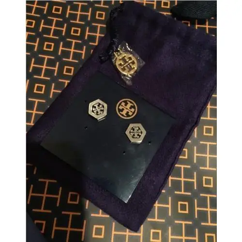Hexagon Logo Earrings In Silver Color w/ Purple Pouch by Tory Burch