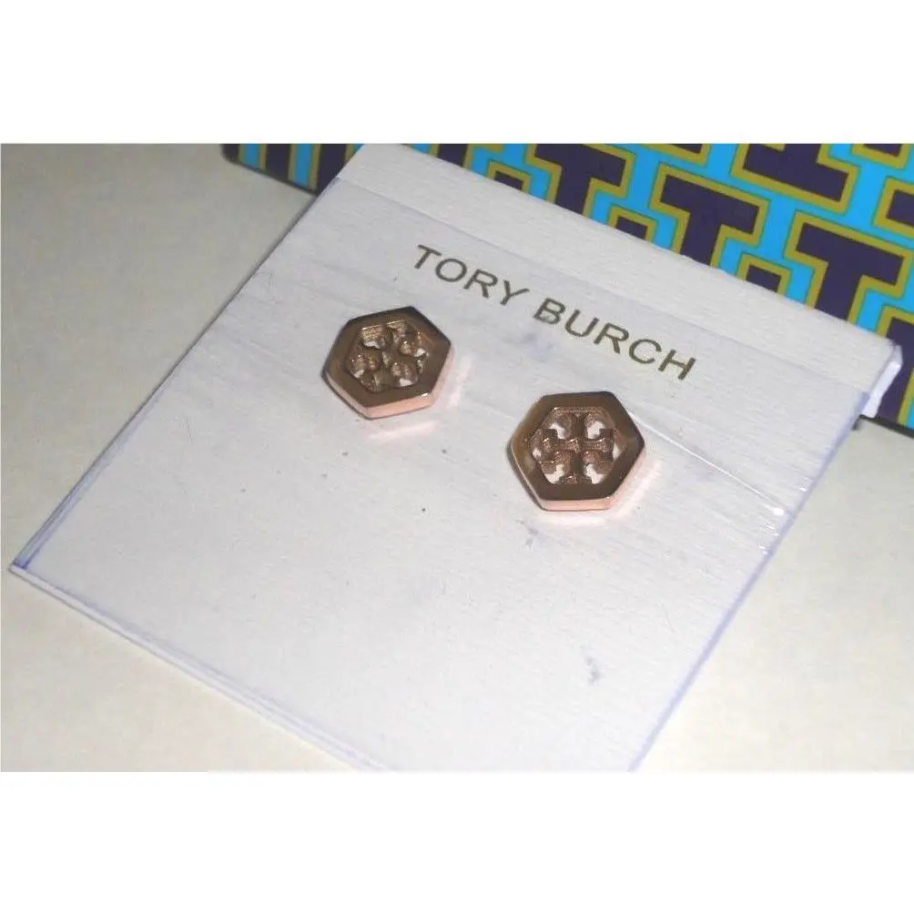 Hexagon Logo Earrings In Rose Gold Color w/ Purple Pouch 40%OFF by Tory Burch