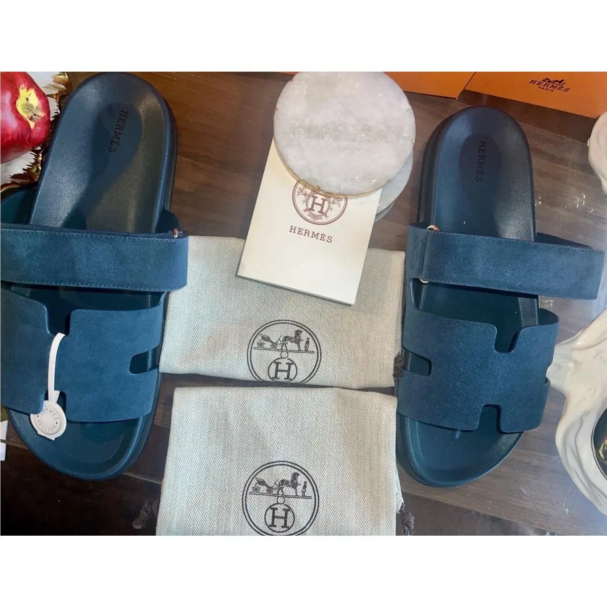 Hermès Blue Turquin Men’s Suede Chypre Sandals w Dust Bags Size 46 EU 12 US