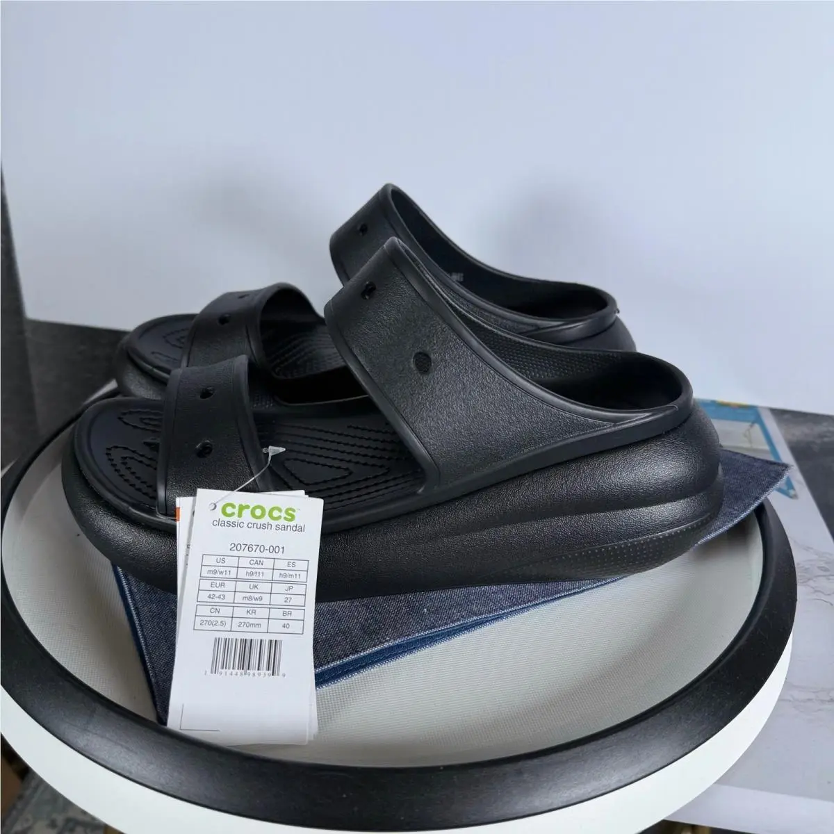 Crocs Classic Crush Sandal Women 11 Black Platform Two Strap Slide