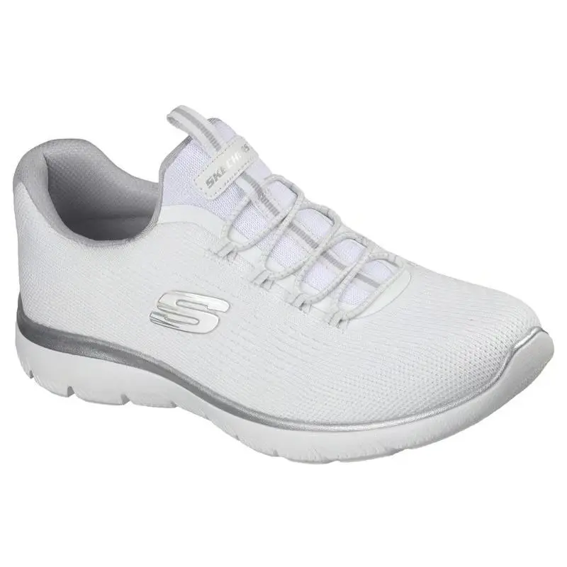 Womens Skechers Summits Brillant Glow White Silver Mesh Shoes - White