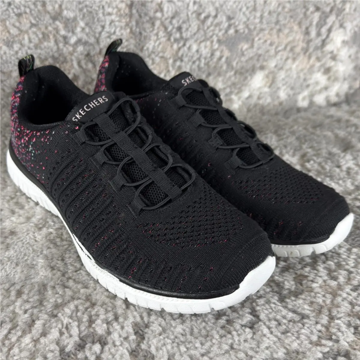Skechers Size 7 Wide Fit Memory Foam Bungee Lace Walking Sneaker Black Women