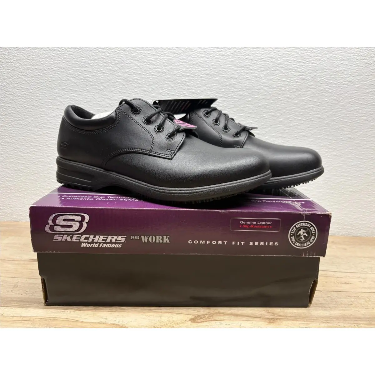 Skechers For Work Shoes Womens Black Leather Slip Resistant Size: 9