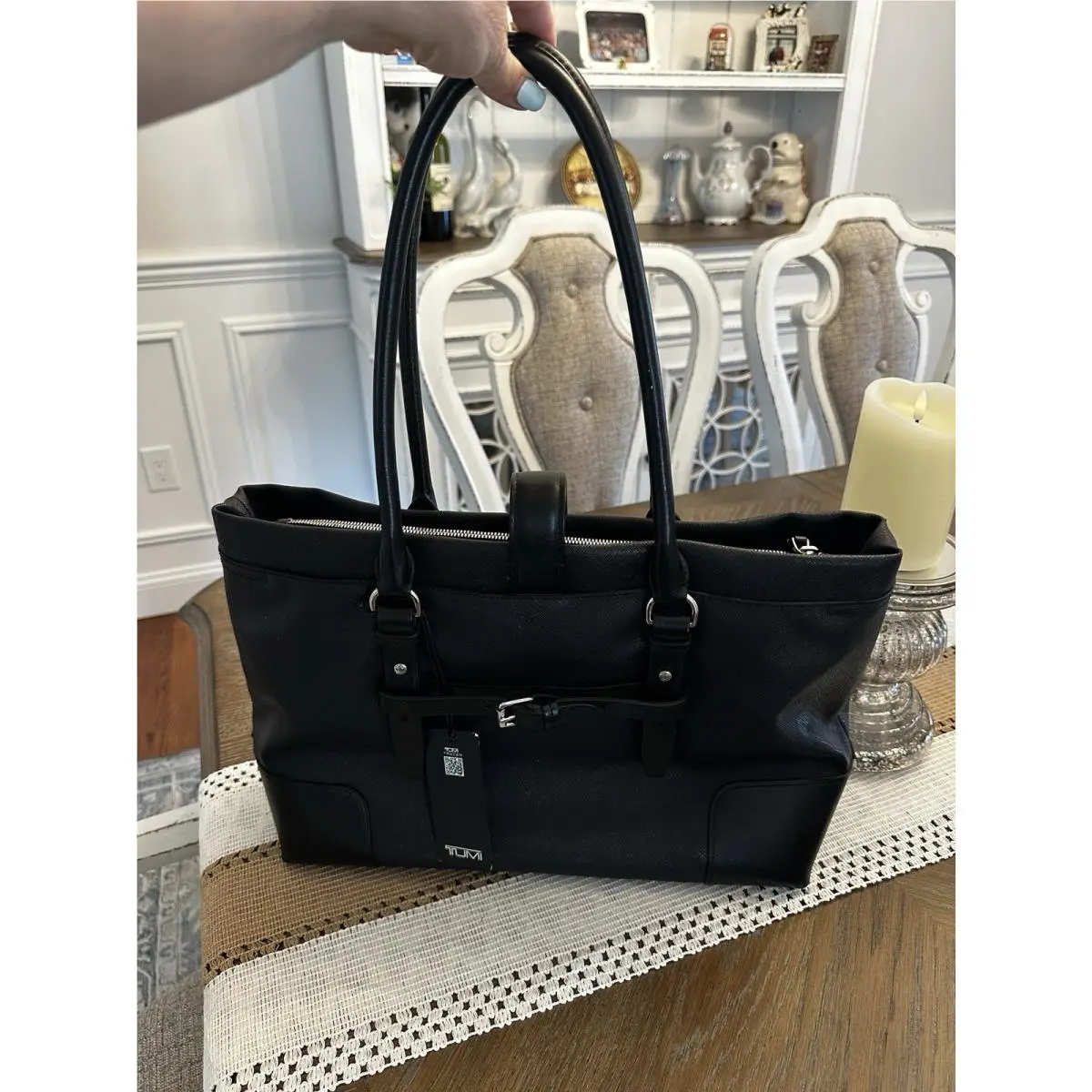 Nwt-tumi Turin Shopper Tote Villa Bag Purse Black Canvas w/ Leather Trim 73105D