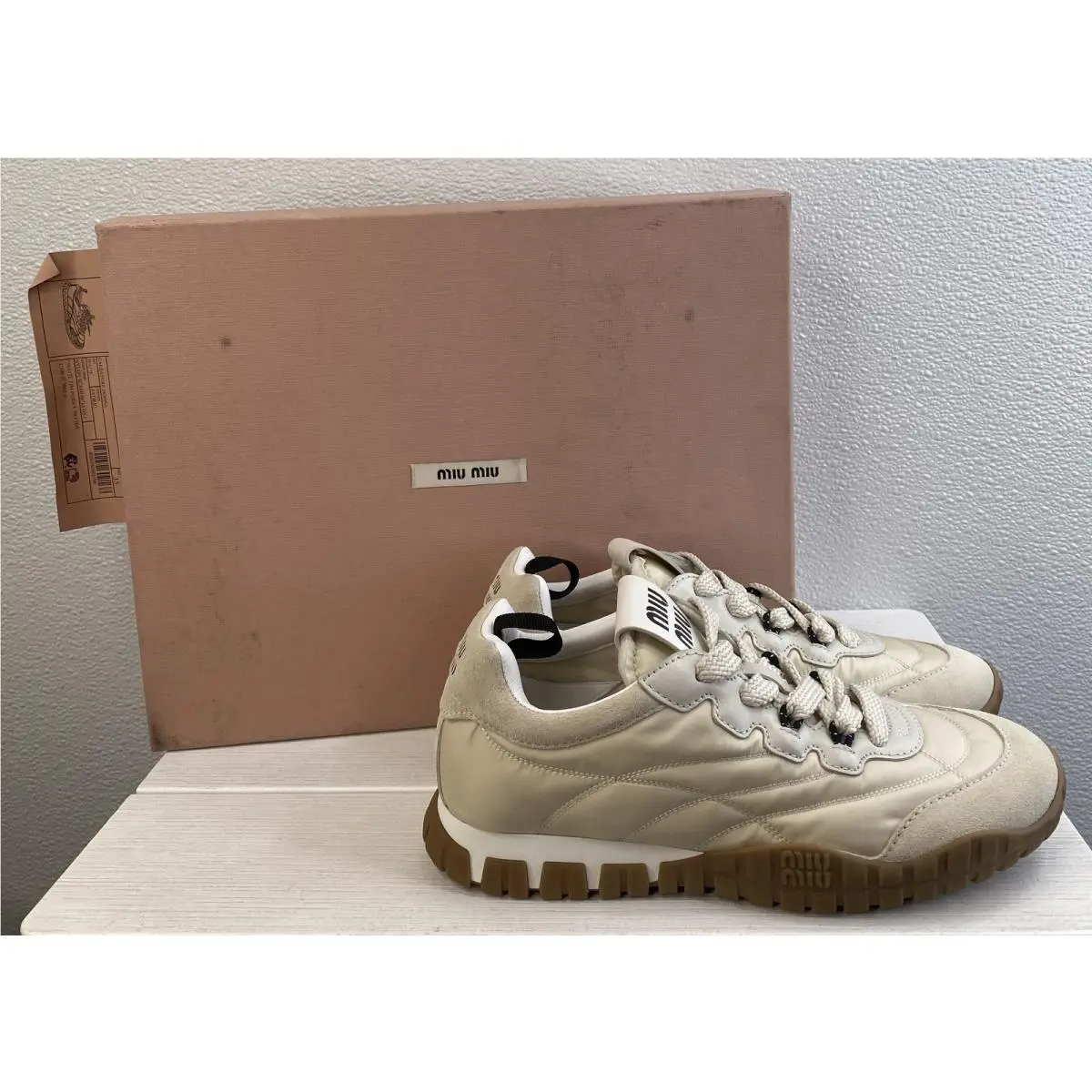 Miu Miu Tyre Sneakers Womens Size US5 EU35 Off White Nylon Low-top Lace Up Shoes