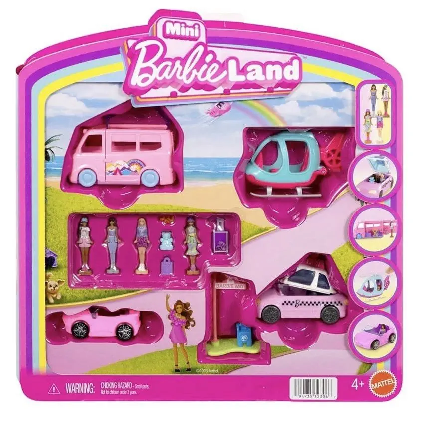 Barbie Mini Barbieland 4-Pack Doll Toy Vehicle Set with 4 Mini Dolls