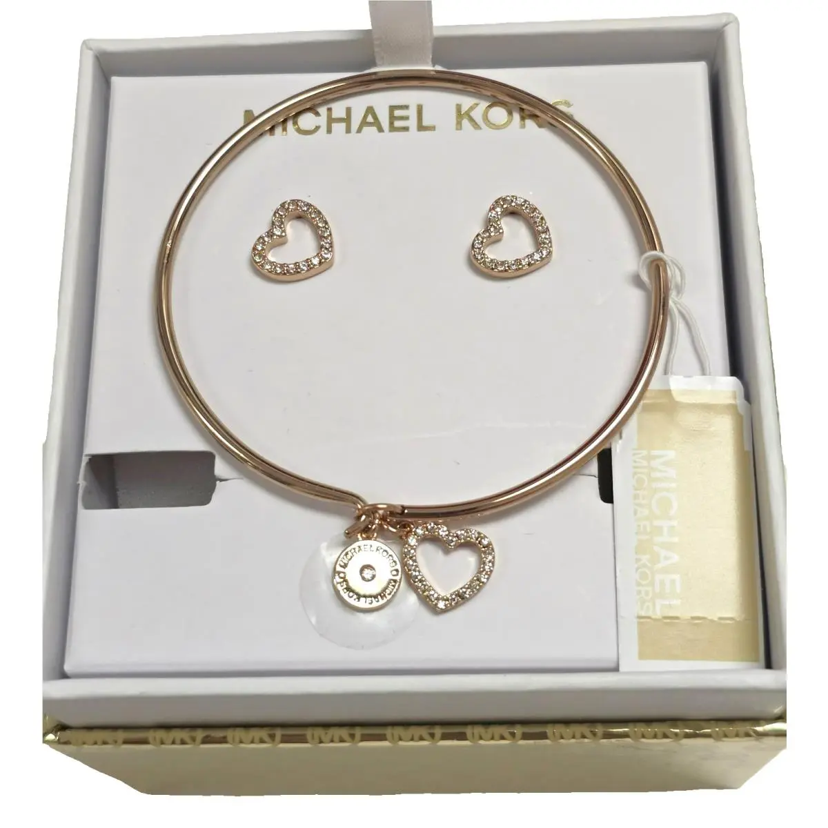 Rose Gold Set Pave Crystal Open Heart Bangle Bracelet+stud Earrings by Michael Kors