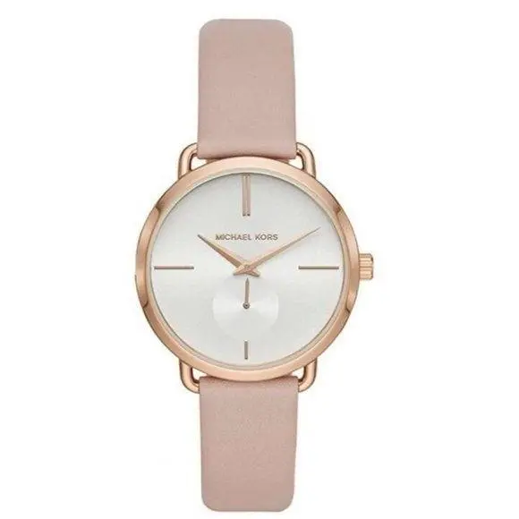 Michael Kors Rose Gold Watch Blush Leather Strap Minimalist Round Dial Design