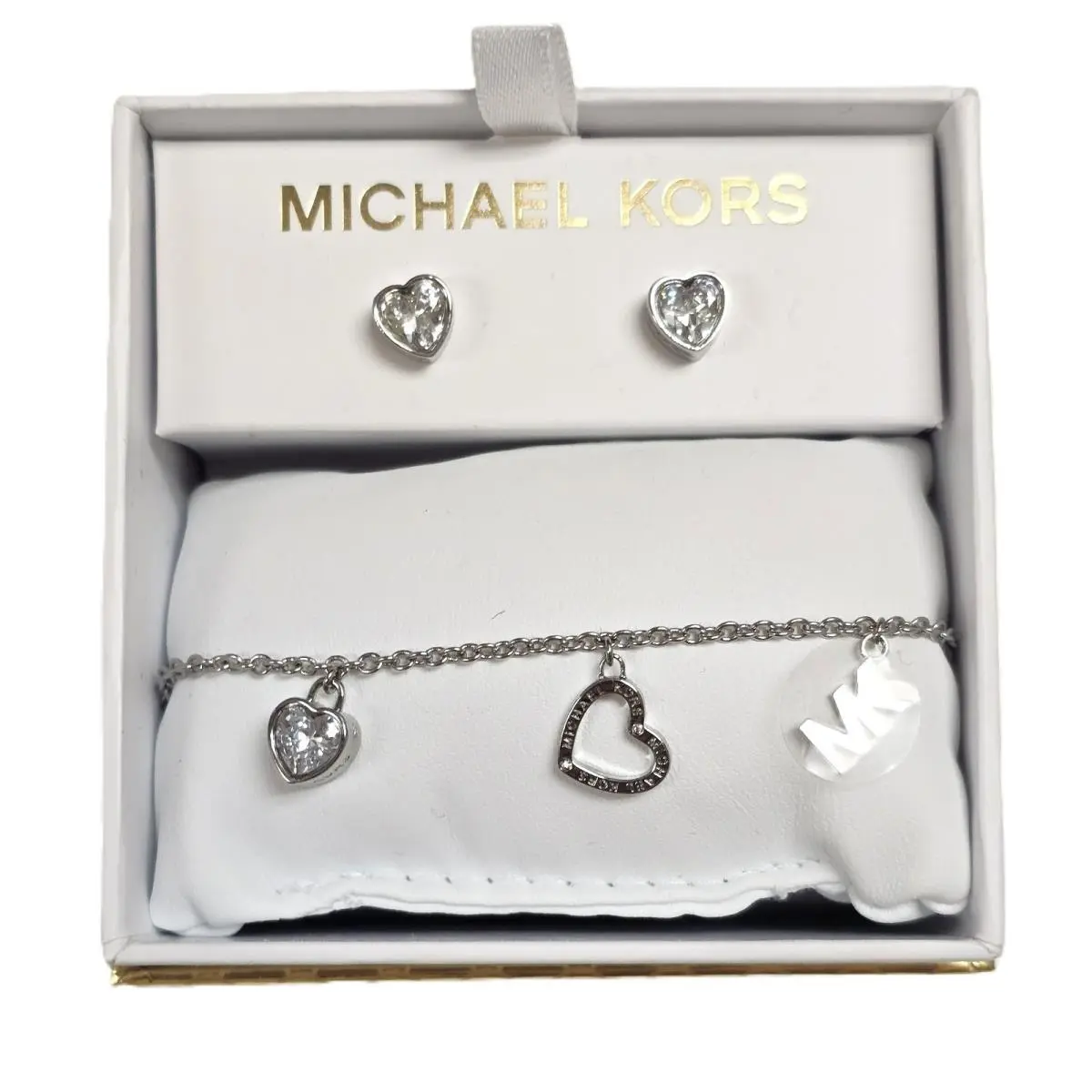 Silver Tone Set OF 3 Charms MK Slider Bracelet+ Heart Stud Earrings by Michael Kors