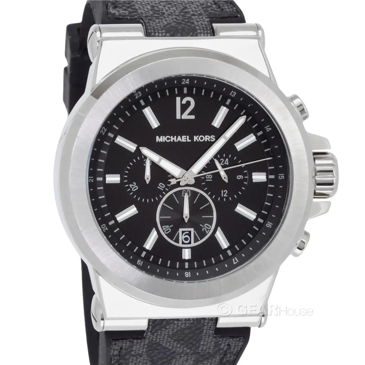Michael Kors Dylan Mens Chronograph Watch Black Silver MK Logo Silicone Band