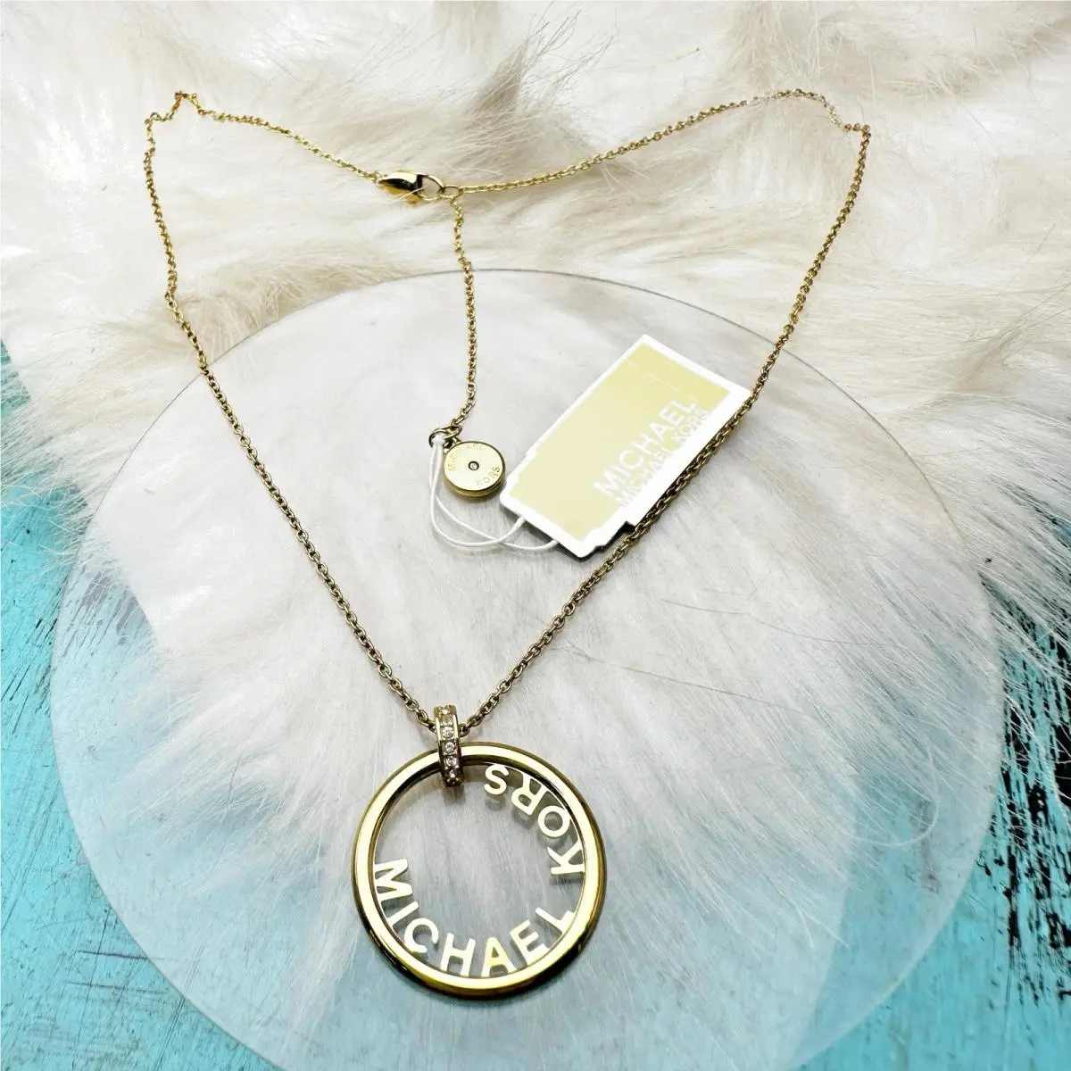 Logo Crystal Gold Plate Round Pendant Necklace 16-18 by Michael Kors