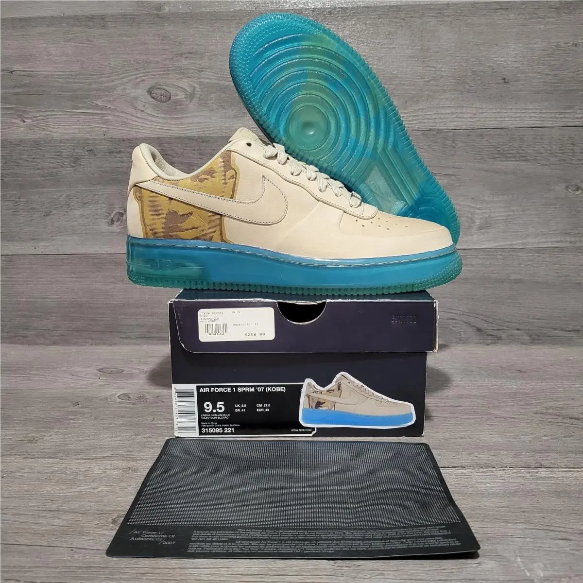 2007 Nike Air Force 1 Men`s 9.5 Supreme `07 Kobe Bryant 315095-221 Brown Blue