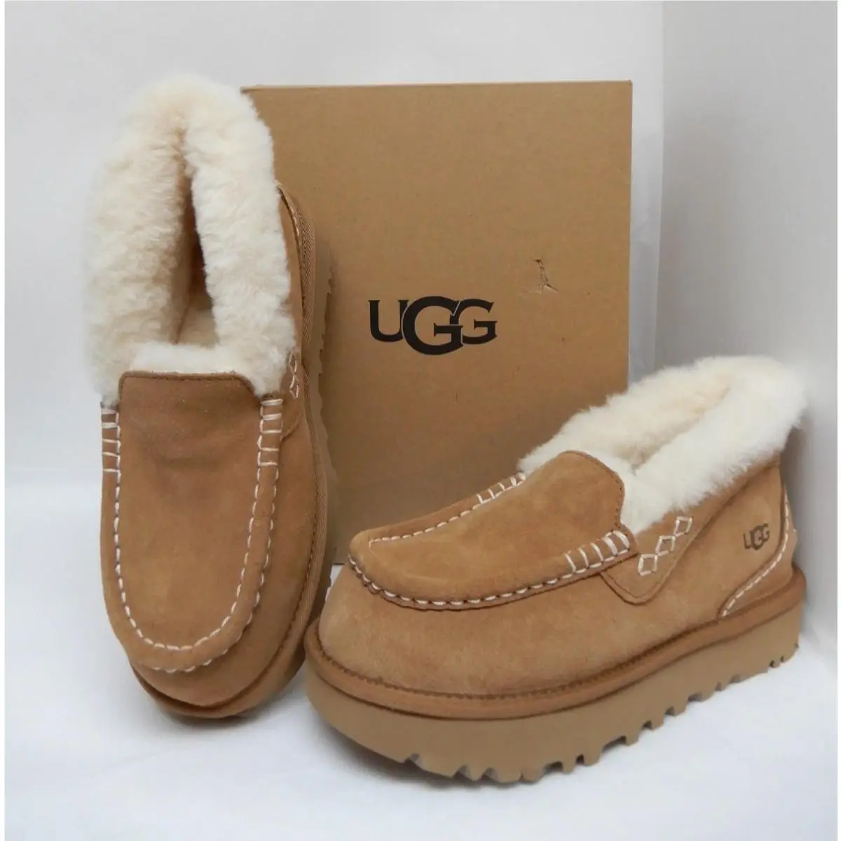 Ugg Women`s Ansley Parc Chestnut Suede Loafer Platform SZ 7