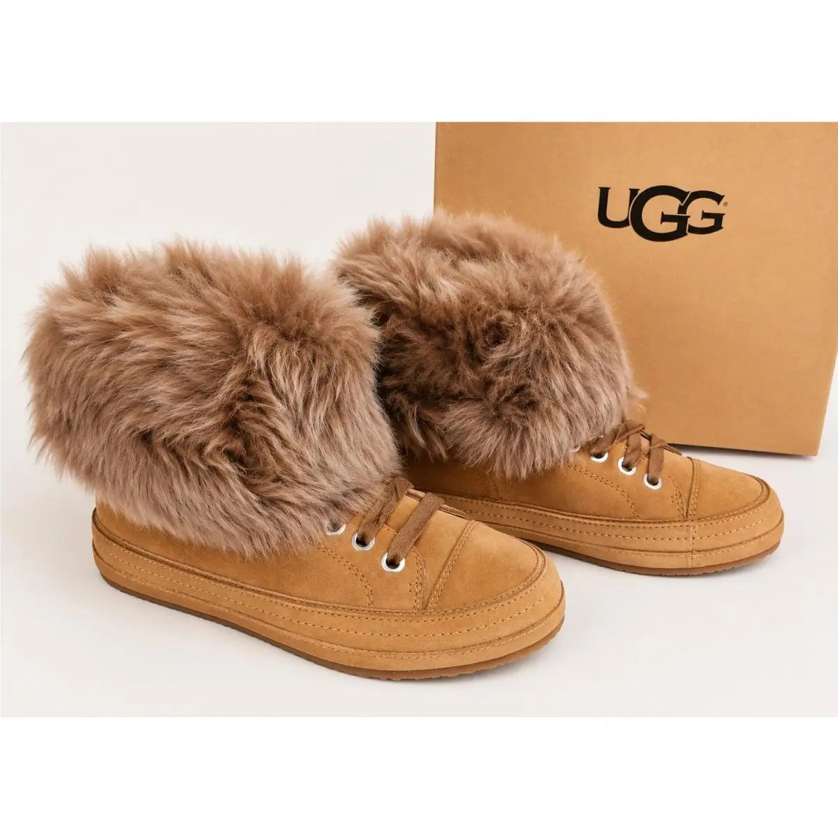 Ugg Australia Boot Sneaker Antoine Fur Chestnut Side Zip Lace Up Shoe Size 6.5