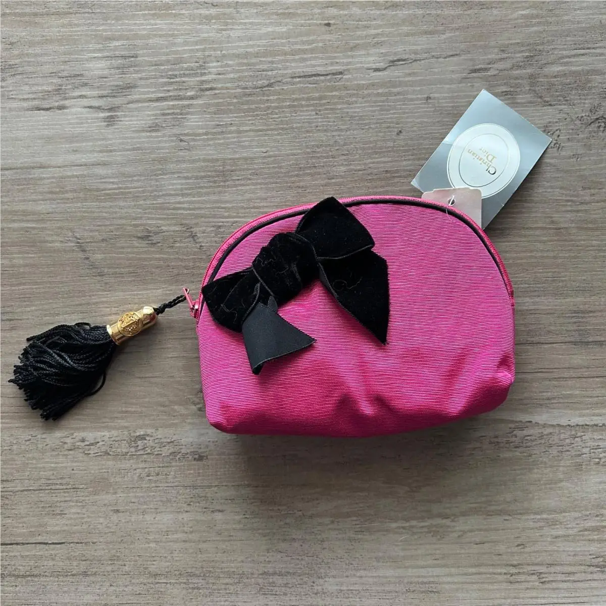 Christian Dior Vintage Pink Cosmetic Pouch Zip Closure Tassel Black Bow