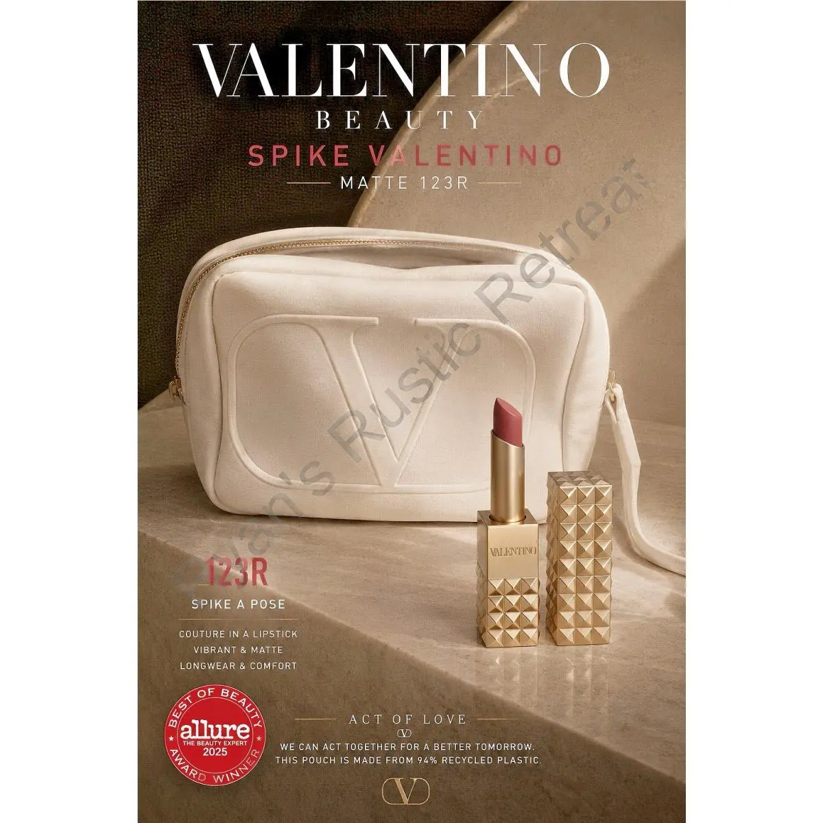 Valentino - Spike Matte Lipstick Shade: 123R Beige Velvet Makeup Bag Wristlet