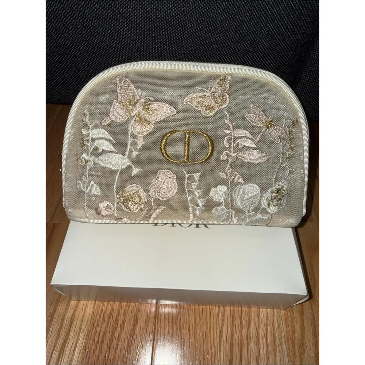 Dior Limited Edition Mesh Embroidered Floral Top Zip Makeup Bag Case