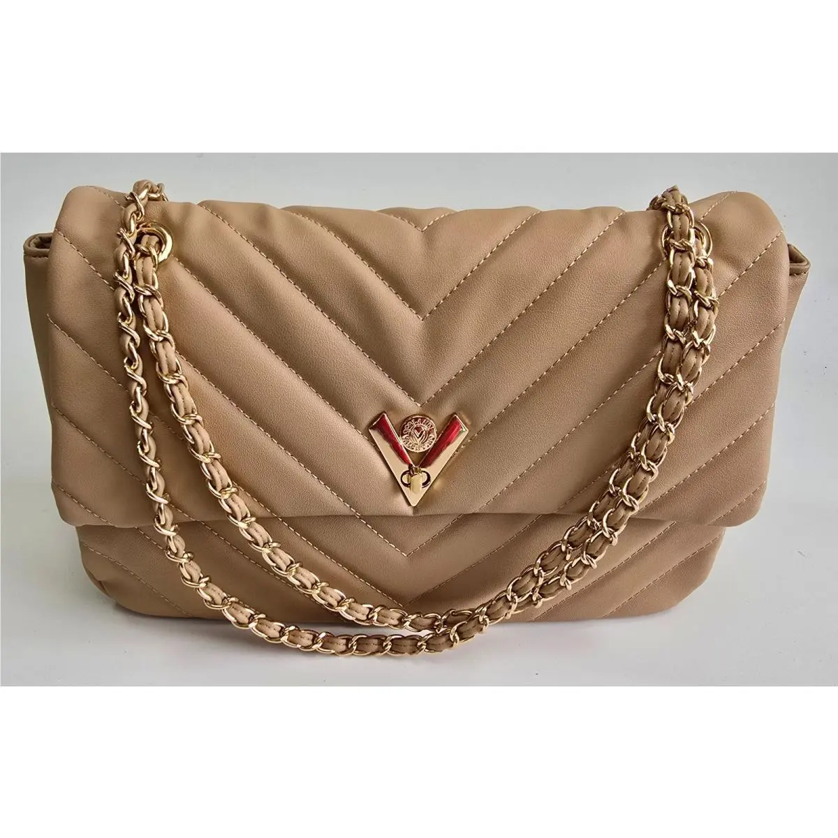 Valentino Beige Quilted Shoulder Purse Gold Chain Crossbody Satchel Womens