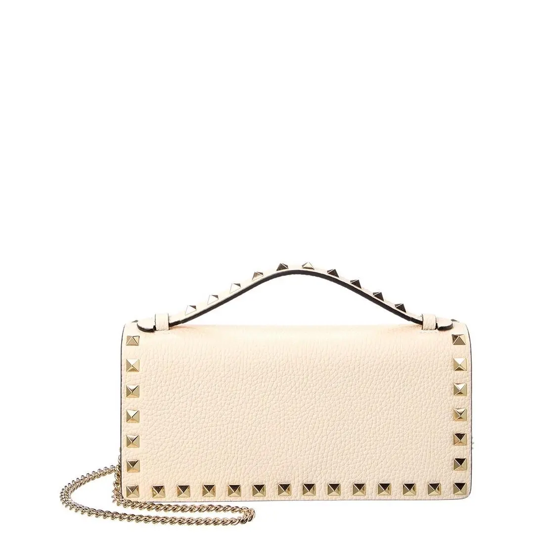 Valentino Rockstud Grainy Leather Wallet On Chain Women`s White