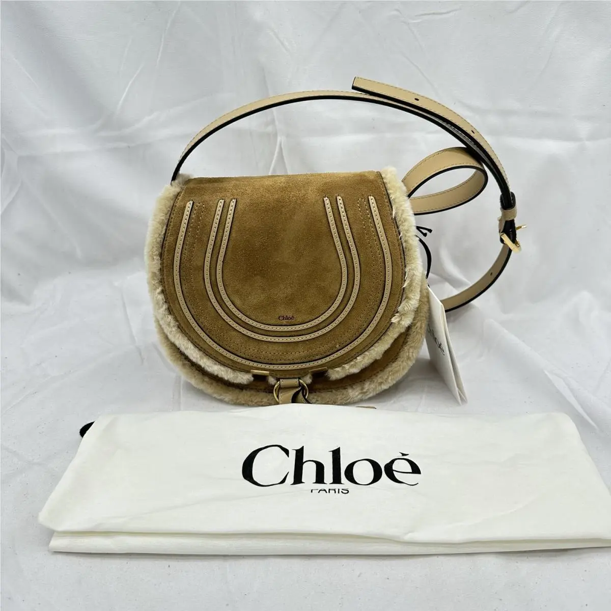 Chloe Womens Marcie Small Saddle Crossbody Bag W Fur Trim Suede Summery Beige