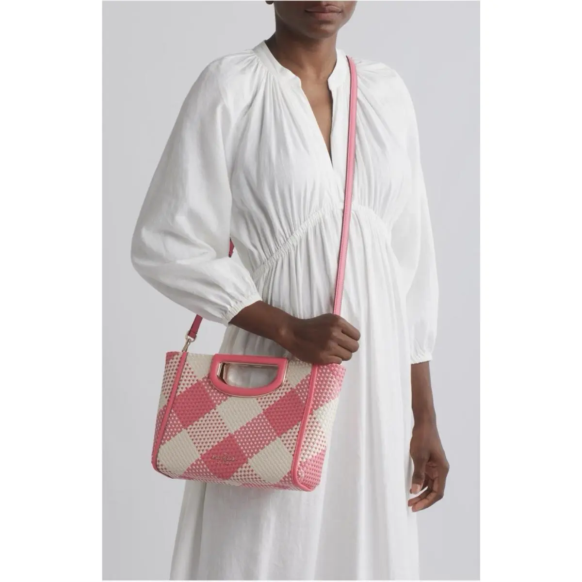 Kate Spade New York Pink and White Gingham Woven Convertible Clutch Bag