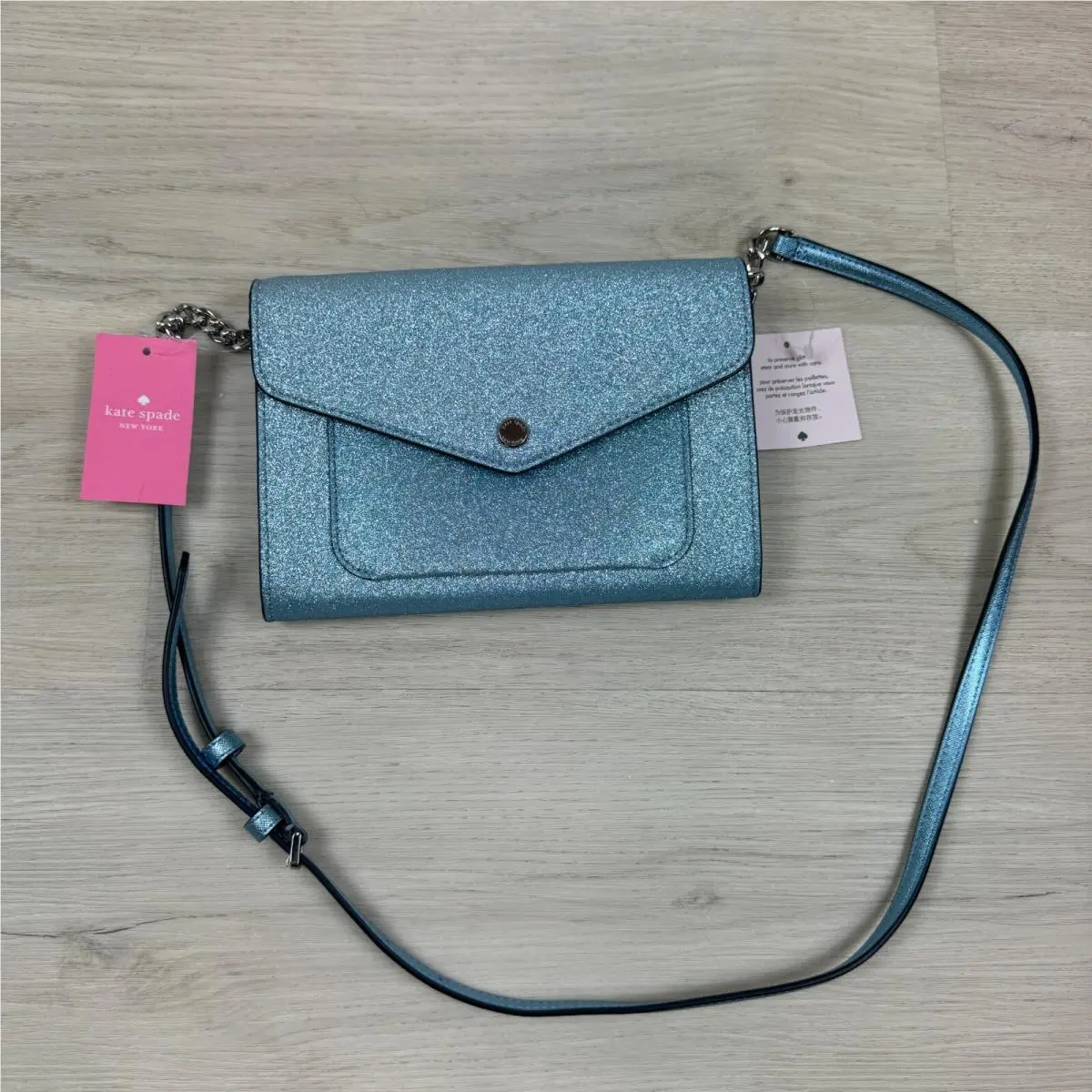 Kate Spade Glitter Flap Crossbody Purse Blue Tinsel Envelope New