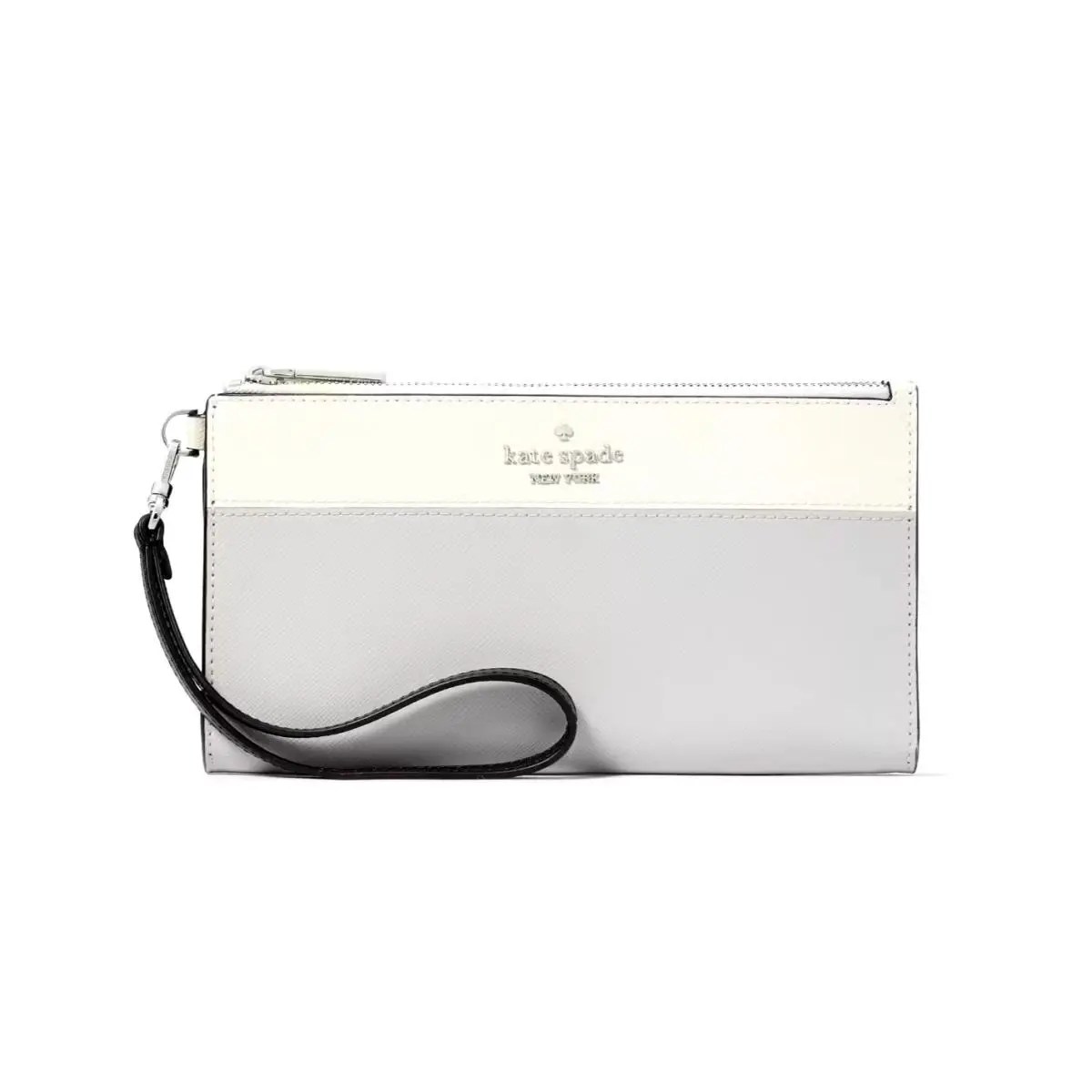 New Kate Spade Madison Double Zip Wristlet Saffiano Leather Platinum Grey Multi