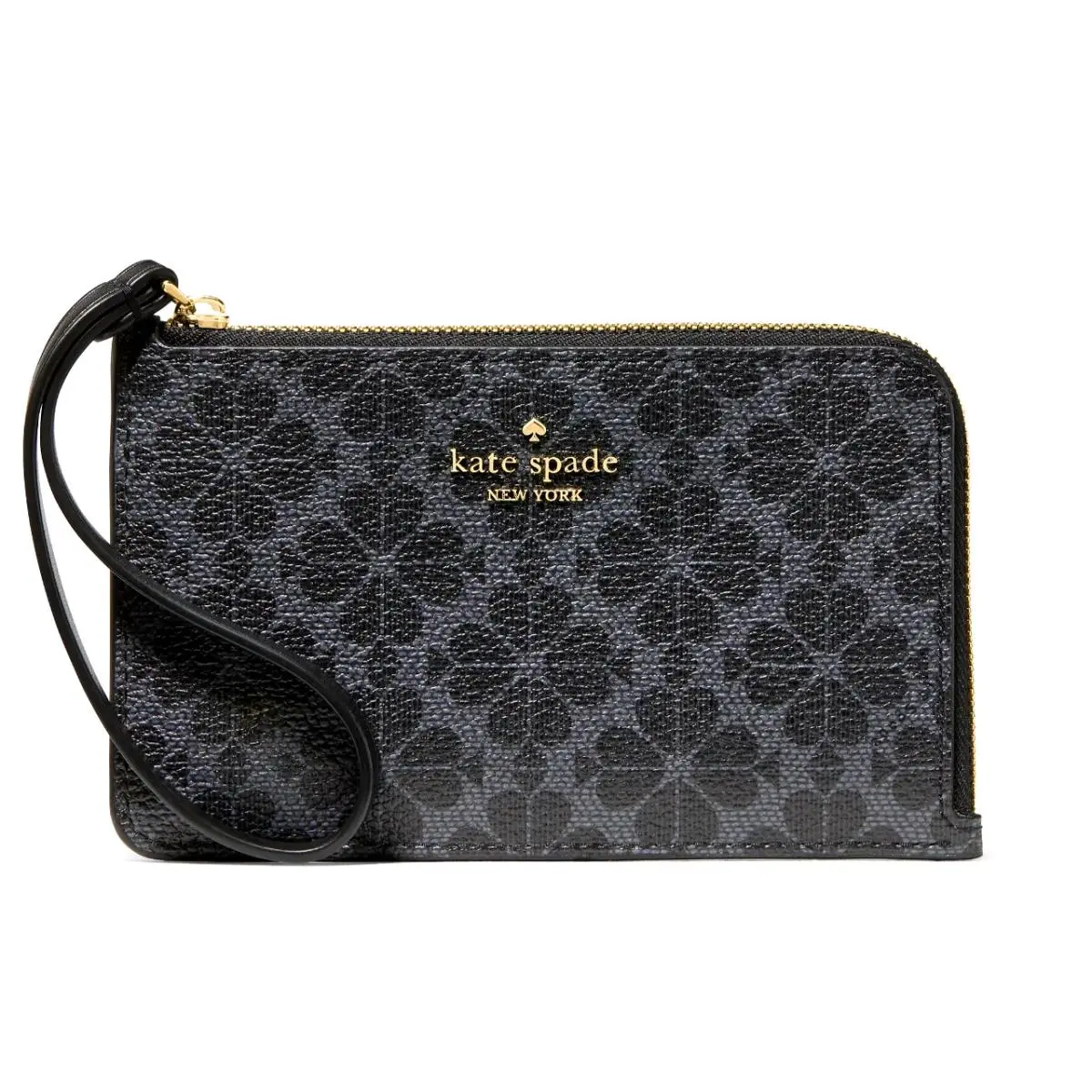 New Kate Spade Lucy Spade Flower Small L-zip Wristlet Black Multi