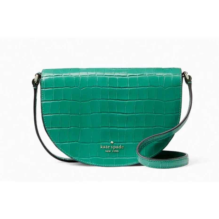 New Kate Spade Luna Crescent Crossbody Croco Embossed Woodland Green / Dust Bag