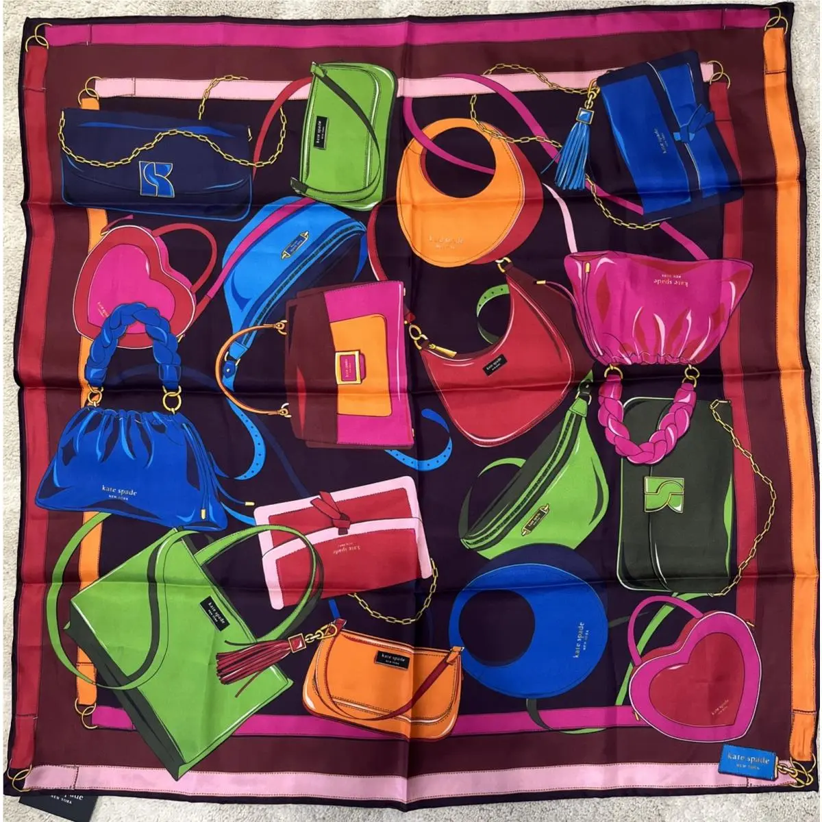 New Kate Spade Bag Print Silk Square Scarf Multicolor