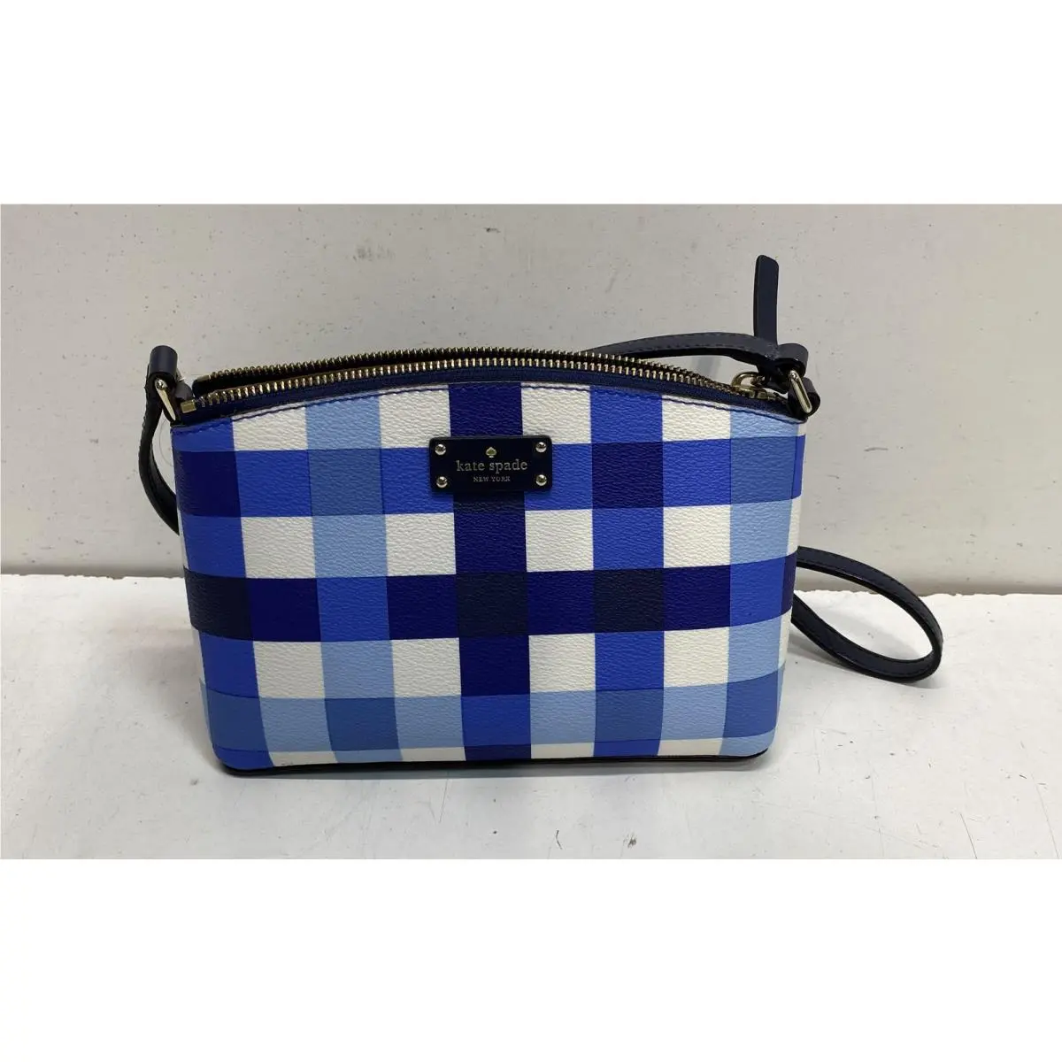 Kate Spade Blue White Gingham Crossbody Bag Dome Small Gold Hardware