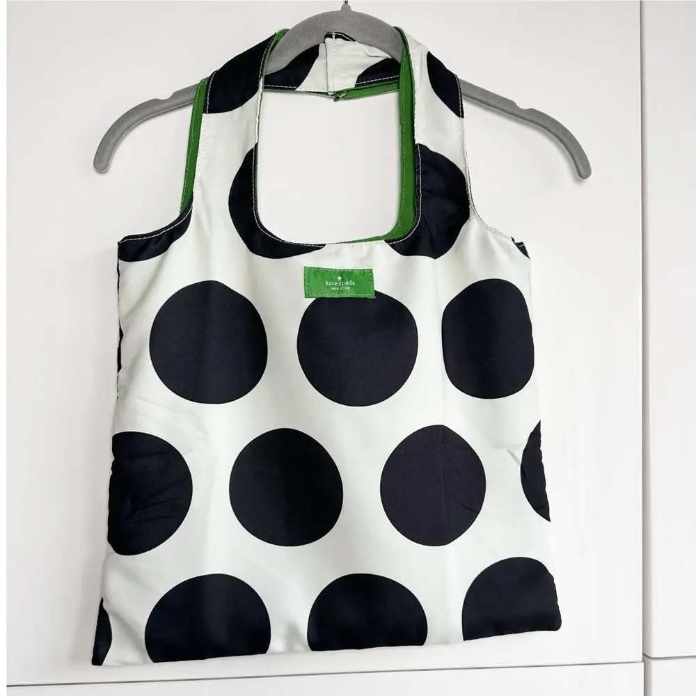 Kate Spade Fabric Tote Bag Reversible White Black Polka Dot Kelly Green Preppy