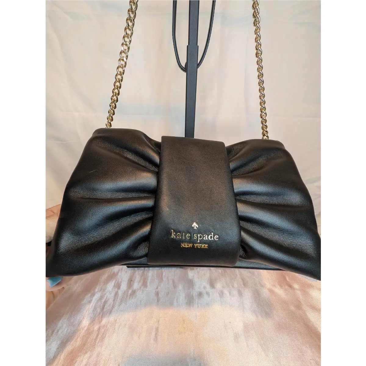 Kate Spade NY Millie Bow Smooth Blk Leather W/gold Tone HW Crossbody Bag