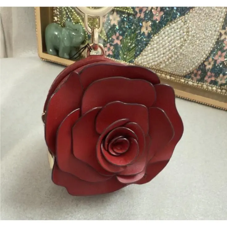 Kate Spade Rose 3D Flora Keychain Key Chain Bag Charm Red Floral New