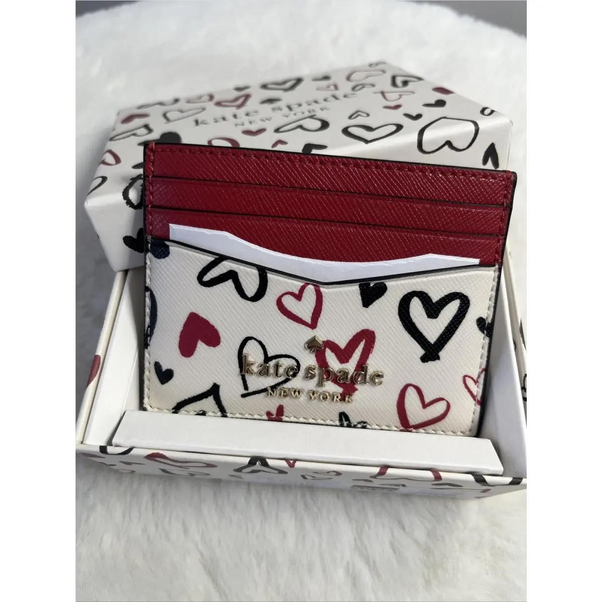 Kate Spade Scribble Hearts Small Slim Card Holder Cream Multi