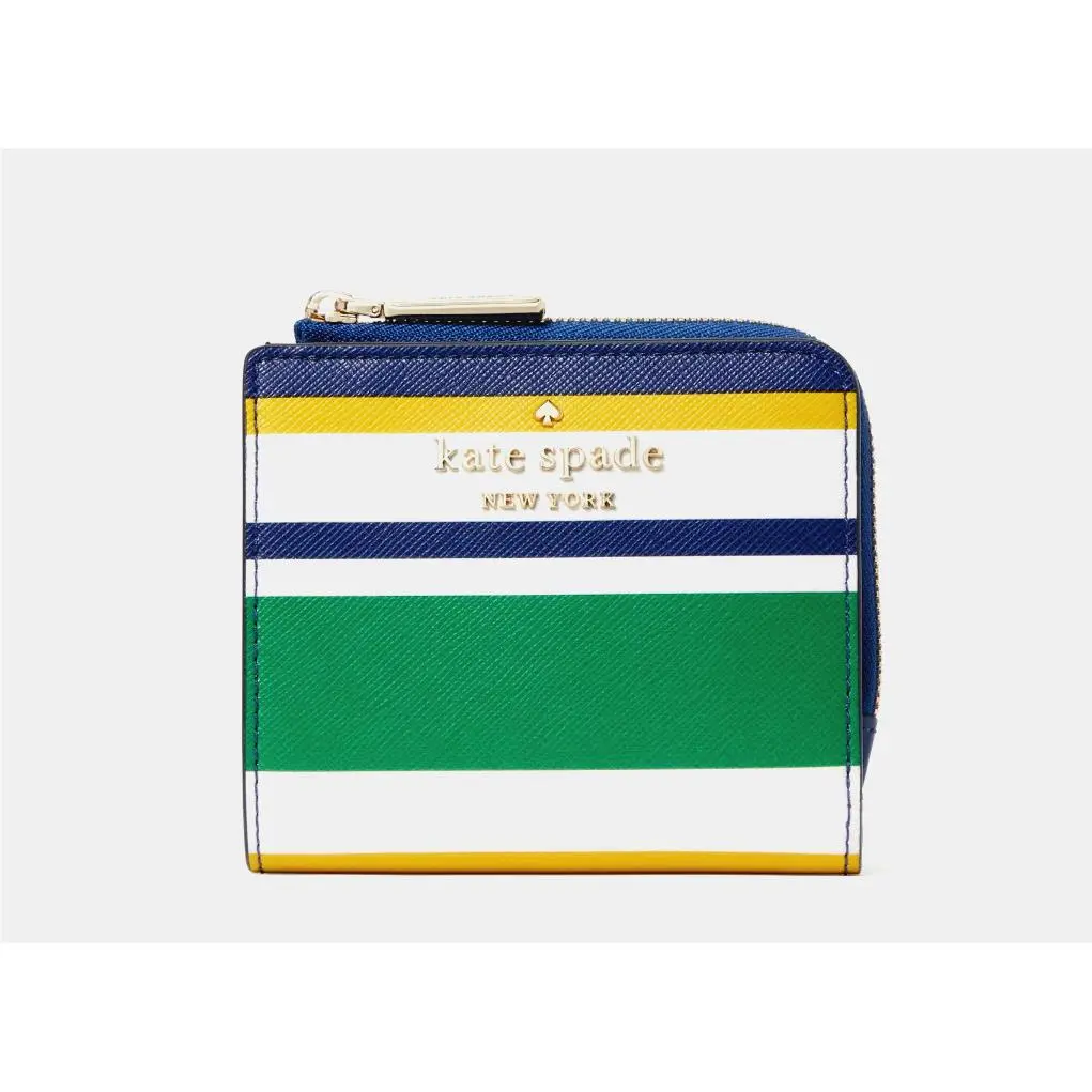 New Kate Spade Staci Maritime Small L-zip Bifold Stripe Wallet Multicolor