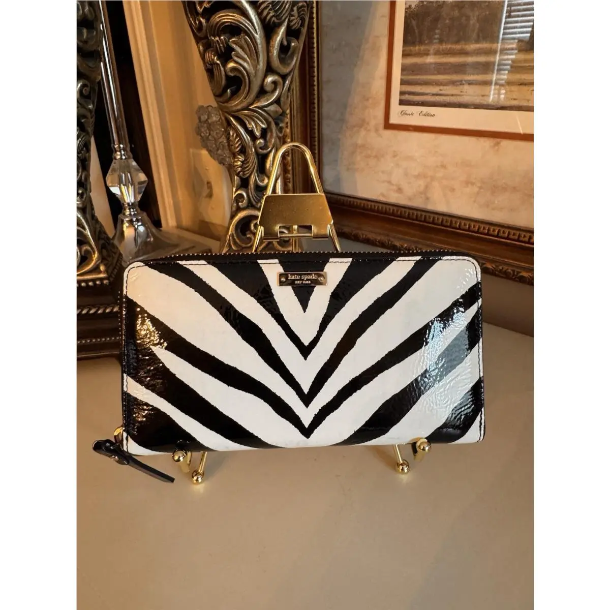 Kate Spade Zip Around Wallet Lacey Fanfare Black/cream Zebra Print