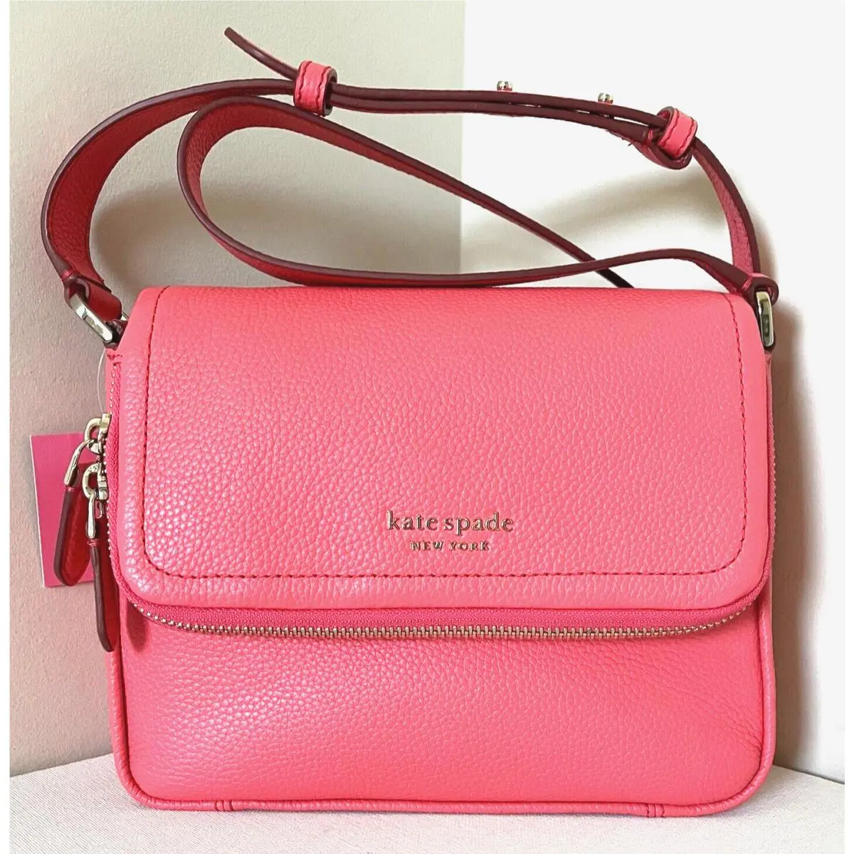 New Kate Spade Run Around Large Flap Crossbody Pebble Leather Peach Melba