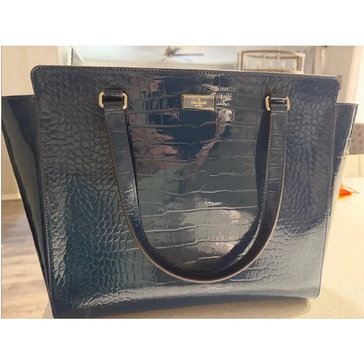 Kate Spade New York Navy Blue Croc Embossed Satchel Eliza Handbag Lock Gold