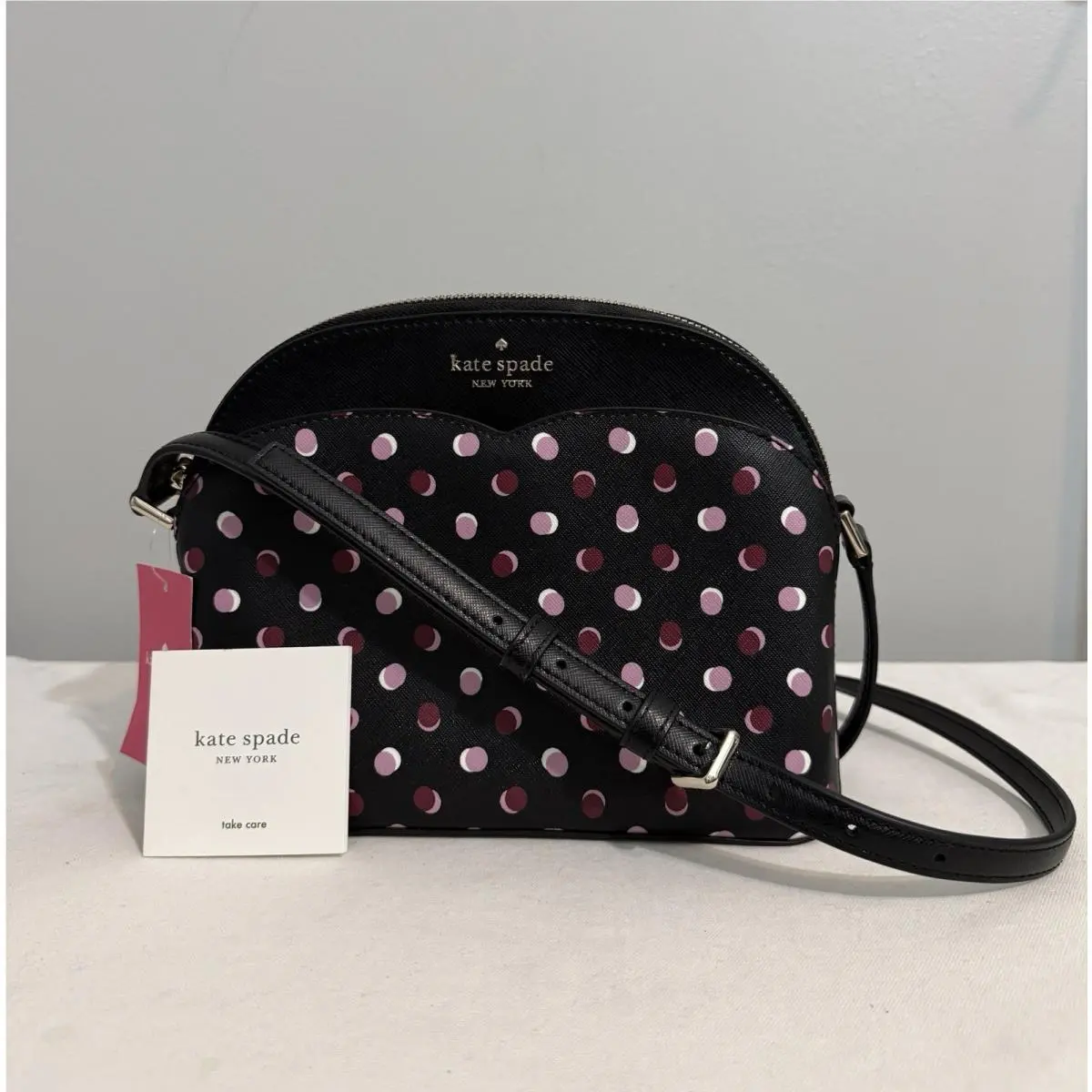 Kate Spade Fiesta Dot Dome Crossbody Bag Black Saffiano Leather Pink Purple