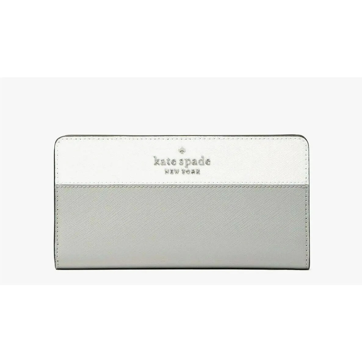New Kate Spade Madison Large Slim Bifold Colorblock Leather Wallet Platinum Grey