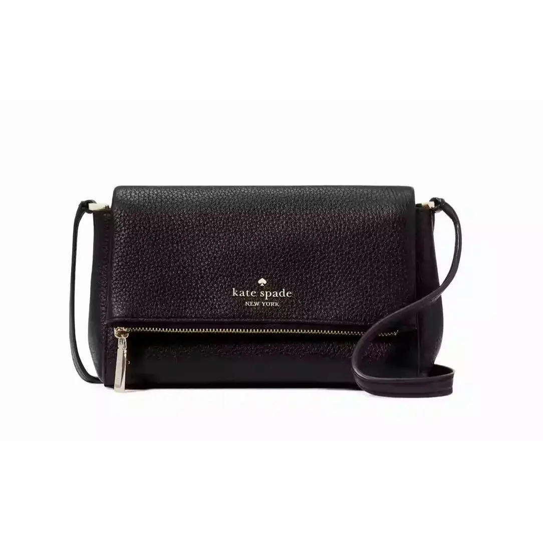 New Kate Spade Leila Mini Zip Crossbody Pebble Leather Black with Dust Bag