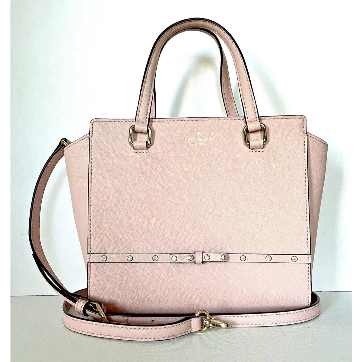 New Kate Spade Small Hadlee Laurel Way Jeweled Saffiano Leather Tote Warm Vellum