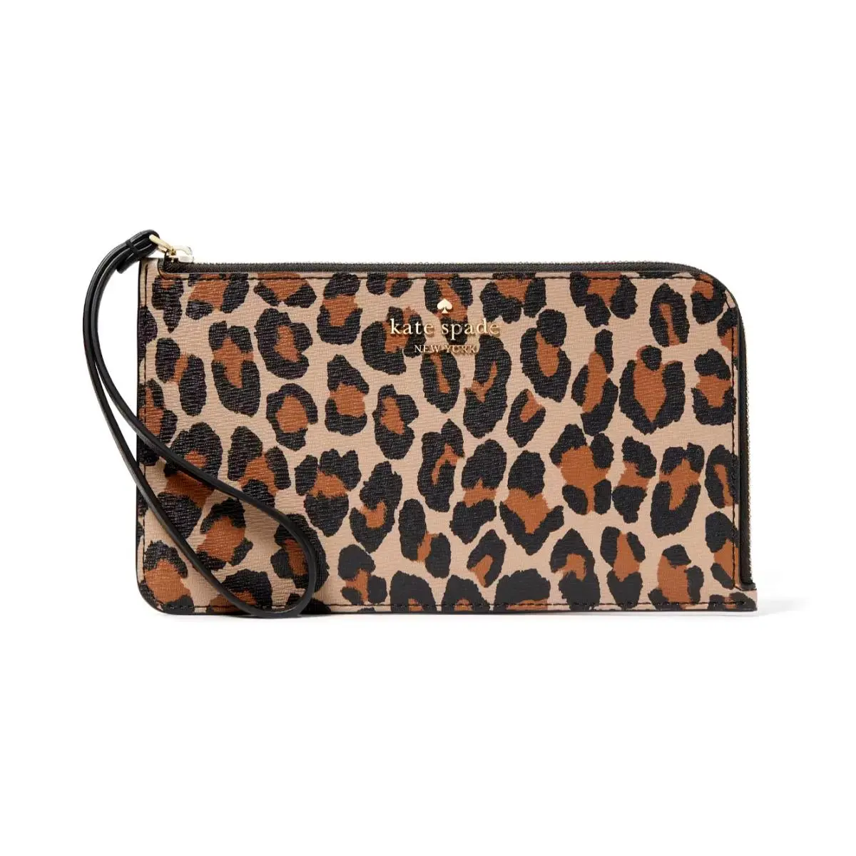 New Kate Spade Lucy Leopard Medium L Zip Wristlet Brown Multi