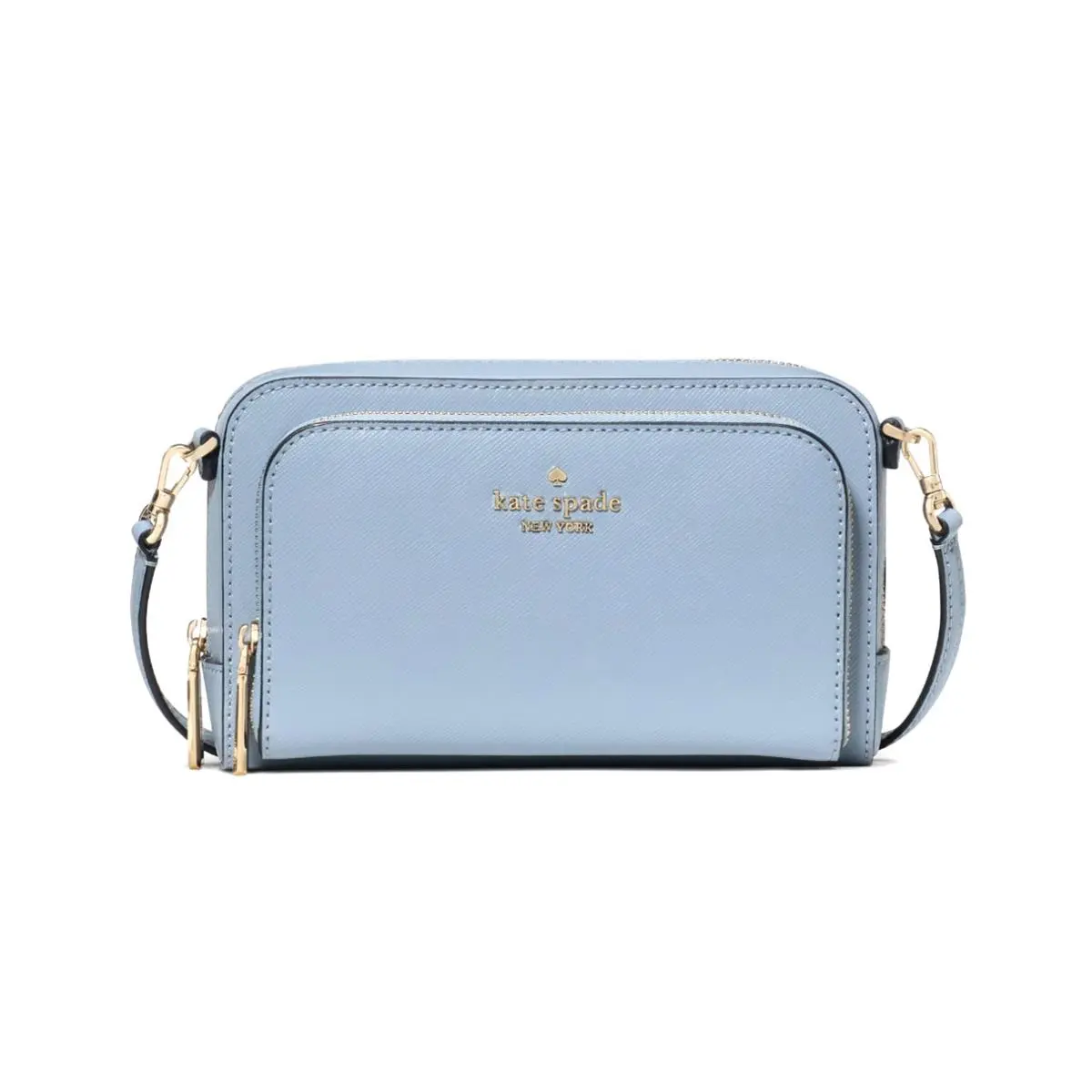 New Kate Spade Staci Dual Zip Around Crossbody Saffiano Leather Muted Blue