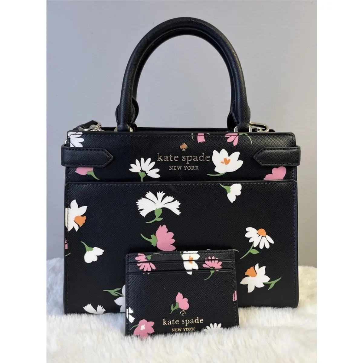 Kate Spade Staci Small Floral Waltz Satchel Black Multi Card Holder Set