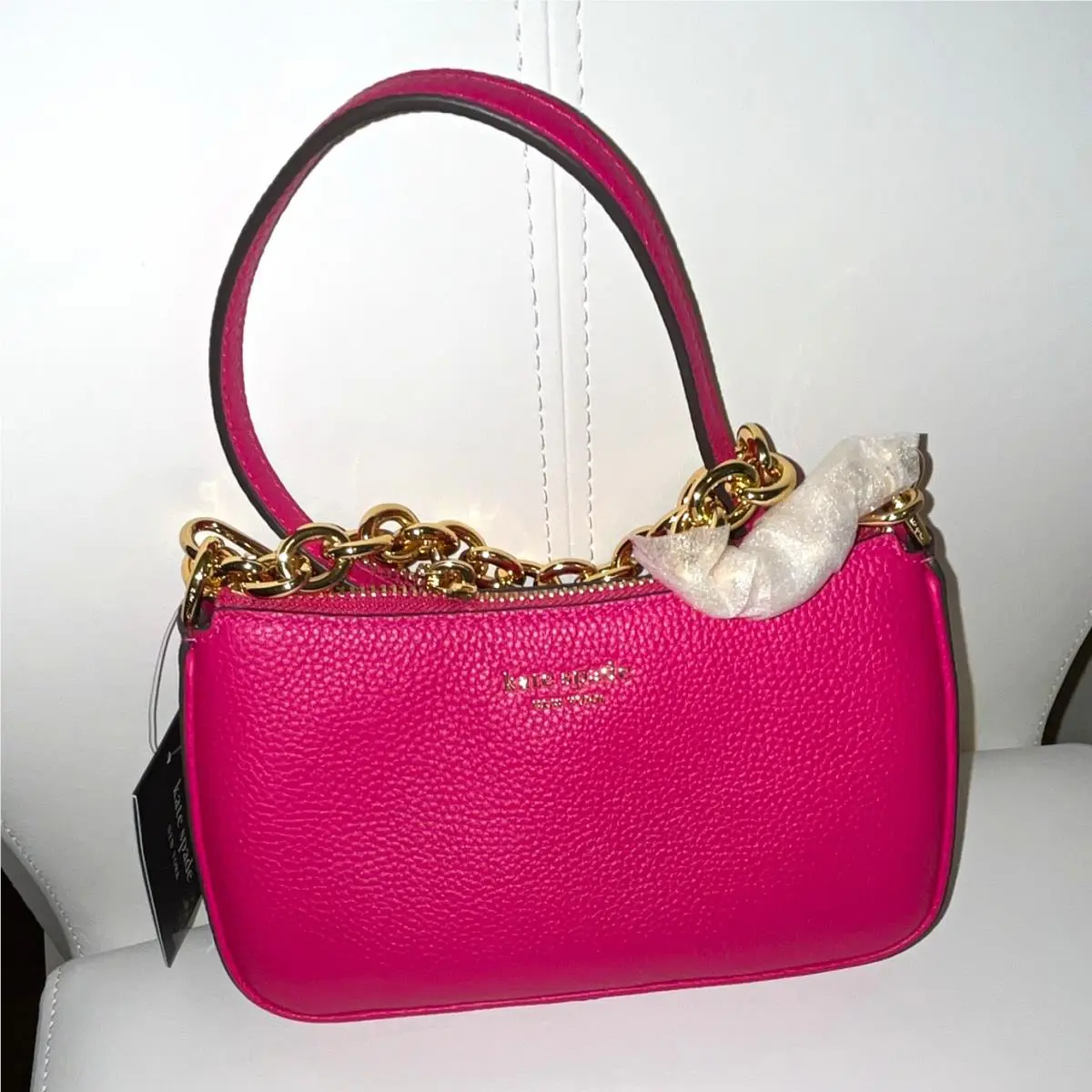Kate Spade New York Pink Pebbled Top Handle Bag Chain Zip Detachable Strap