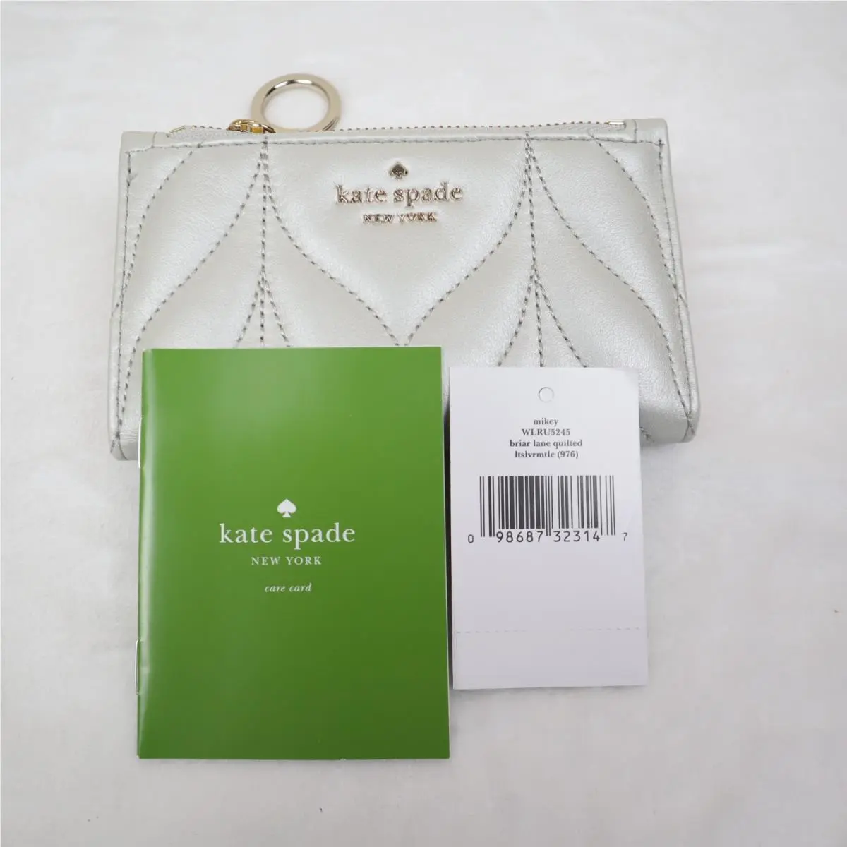 Kate Spade Briar Lane Quilted Mikey Wallet Keychain Metallic Oak Silver Gray