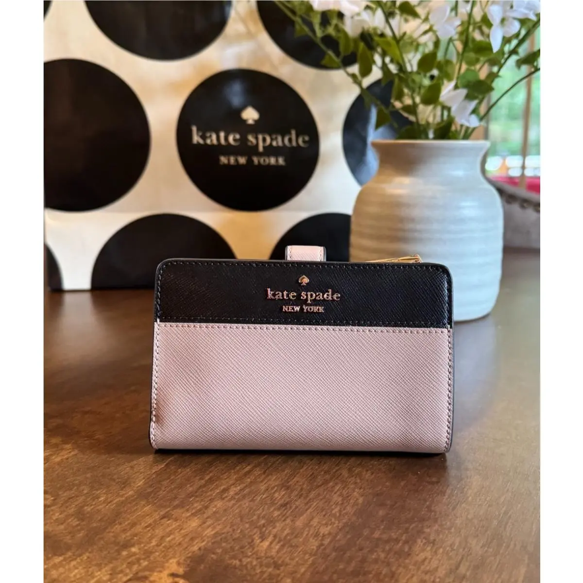 Kate Spade New York Madison Medium Compact Bifold Wallet Toasted Hazelnut Black